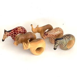 Set of 6 Hand Carved Wooden Safari Animal Napkin Ring Holders
